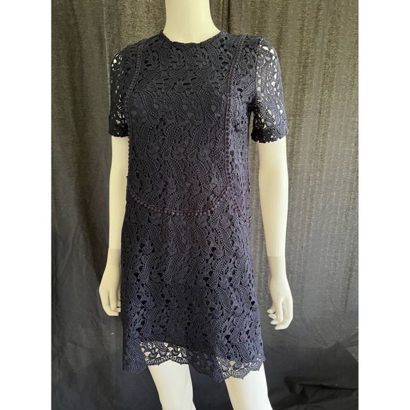 Zara Women's Dress Navy Blue Lace Short Sleeves Scalloped Hem Size XS - Picture 2 of 12